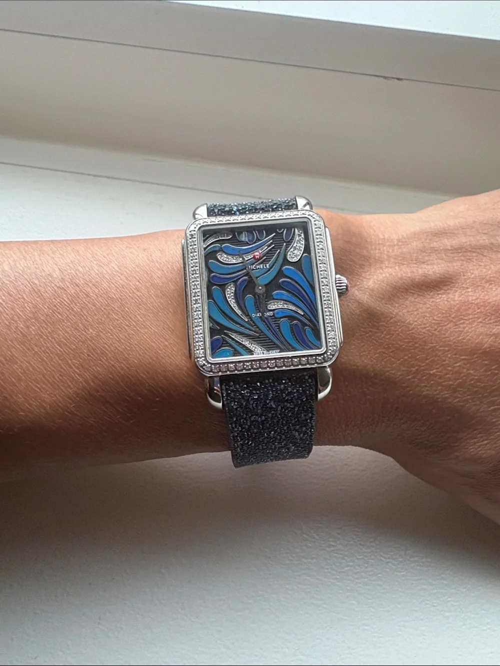 Michele Blue Swirl Enamel Dial Watch with Black Glitter Strap